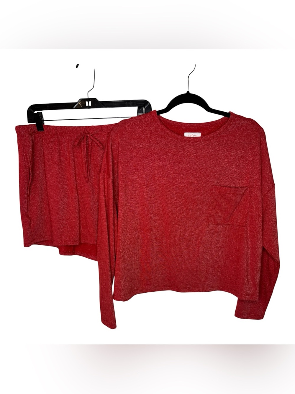 Colsie Women's Red Sparkle Pajama Set Long Sleeve Hi-Rise Drawstring Shorts L